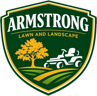 Armstrong Lawn and Landscape crest: a green and gold shield with an oak tree and a mower
